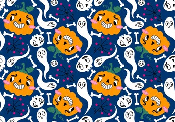 Fototapeta premium Halloween cartoon pumpkins seamless ghost and skulls pattern for wrapping paper and fabrics and kids clothes print