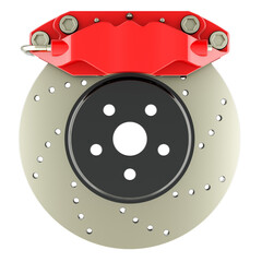 Car disc brake with caliper, front view. 3D rendering isolated on transparent background