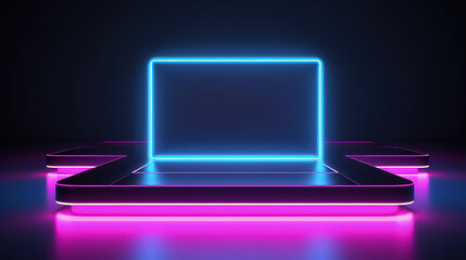 Leere viereckige Produktfläche mit blauen und rosanen Neonlichtern für Produktpräsentationen. Produkt-Mockup Neon. Gaming, Elektronik, Technologie und andere Kategorien.
