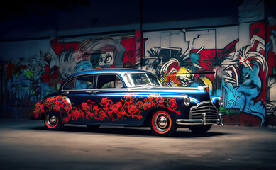 Retro old car in a grungy graffiti covered room