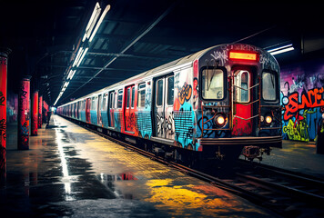 Dark lit underground subway station of 70s-80s in New York with graffitti covering train wagons....