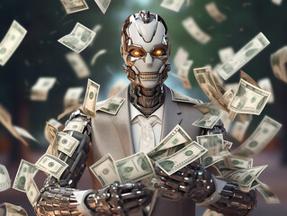 Naklejka premium Money-Making Android: Humanoid Robot Surrounded by Dollars, generative ai