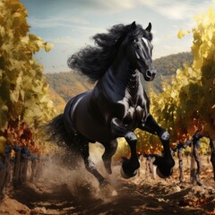 Obraz na płótnie Canvas The black horse galloping through the vineyard. Animal in action.Autumn season, nature background. Organic composition. The powerful image of a beautiful animal. 