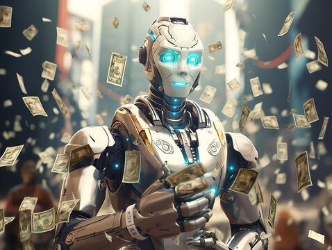 Money-Making Android: Humanoid Robot Surrounded by Dollars, generative ai