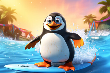 Cartoon penguin on surfboard in the ocean - 3D illustration. Cute cartoon penguin. Cute penguin cartoon character 