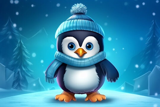 Penguin wearing winter hat and scarf in snowy landscape. Cute cartoon penguin. Cute penguin cartoon character 