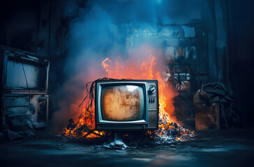Retro old television on fire in a dumpy grungy graffiti covered room. Flames around the television