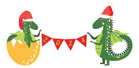 Year of the Dragon 2024, Chinese calendar. Cute dragons and inscription 2024