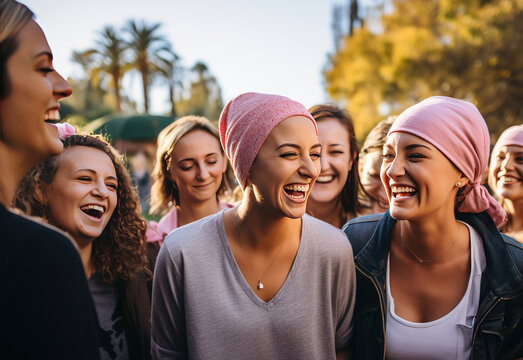 Woman with a pink cap on her head to cover her lack of hair due to cancer treatment standing in a park with a group of friends laughing and happy