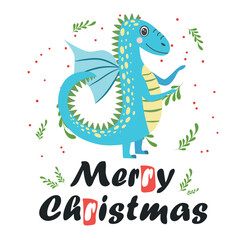 Christmas card with cute green dragon. Year of the Dragon 2024, China