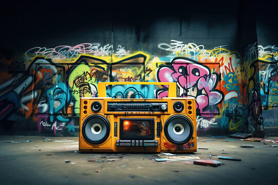 Fototapeta Retro old design ghetto blaster boombox radio cassette tape recorder from 1980s in a grungy graffiti covered room.music blaster