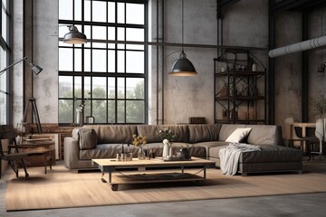 Loft interior, rustic elements, metal framework, minimalistic design, urban living concept. Concept of contemporary loft living.