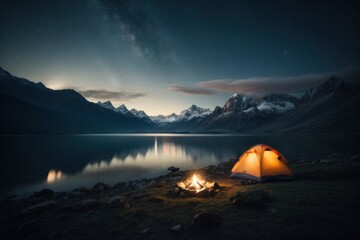 Night in the Wilderness: Campfire Glow Among the Hills