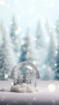 Snow covered seasonal winter forest diorama with Christmas decoration elements and blurred bokeh light background. Vertical video