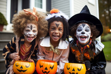 Kids trick or treat in Halloween costume. Happy Halloween - obrazy, fototapety, plakaty