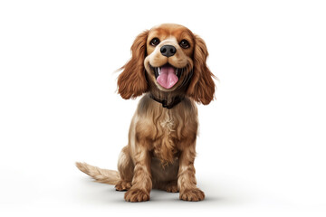 a happy long hair puppy Cocker Spaniel dog standing in front of a white background, 3d render illustration. 