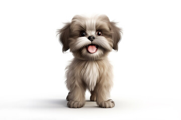 a happy long-haired Shih Tzu puppy dog in front of a white background. 