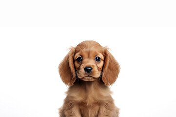 a long-haired puppy Cocker Spaniel dog in front of a white background. 