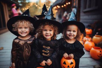 Kids trick or treat in Halloween costume. Happy Halloween