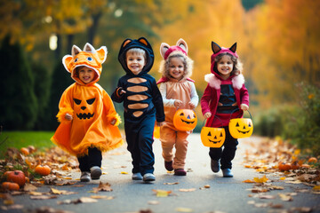 Kids trick or treat in Halloween costume. Happy Halloween. running kids with a basket for sweets