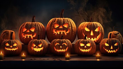 Spooky Halloween pumpkins glowing in the dark with candlelight. Great for a haunting ambiance.