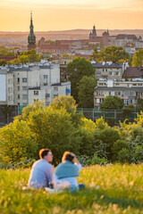 Krakus Mound with sunset view of Krakow old town, Poland.