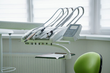Modern dental office. Dentist's tools for dental treatment. Workplace of a dentist in a clinic