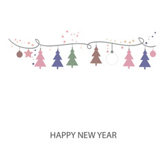 Christmas pastel colored light bulbs stars and pine trees greeting card