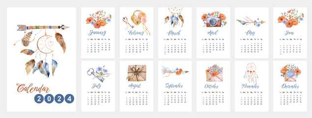 Calendar for 2024 year with watercolor boho design paintings. Annual daily planner template