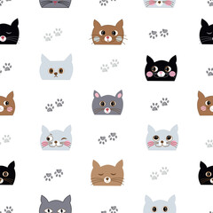 Cute cartoon hand drawn cats. Seamless fabric design pattern white background  - 636801355