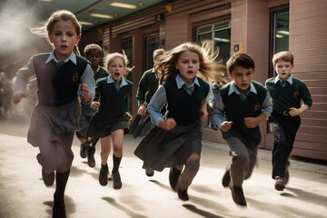 Young school kids in blue and grey uniform running out of school