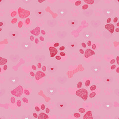 Pink paw prints pattern with bones. seamless fabric design pattern - 636801717