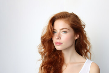 Fototapeta premium Beautiful young woman with long wavy red hair, smiling, dressed casually, looking at the camera. A good-looking beautiful woman isolated on a blank white wall.
