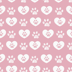 Pink and white paw prints with hearts. Seamless fabric design pattern - 636801997