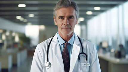 Docteur masculin en blouse blanche avec stéthoscope à l'hôpital - obrazy, fototapety, plakaty