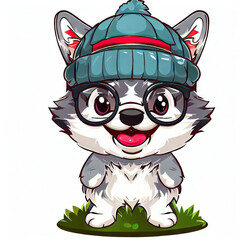 Fototapeta premium Husky Whimsy: Hat, Glasses, and Clean White Background, Generative AI