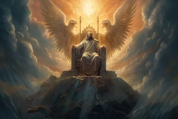 Foto op Canvas Jesus Christ sits on a throne in kingdom heaven with golden light, clouds and angels © Nick