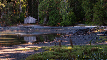 Fototapeta na wymiar A serene scene of low tide at Moorecroft Park, featuring a small wooden cabin on the shore of a calm lake, surrounded by rocky shore, bushes, and tall green trees