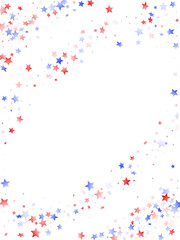 Flying red blue white star sparkles on white vector american patriotic background.