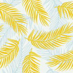Fototapeta na wymiar Seamless jungle palm leaves vector pattern. Botanical elements over waves
