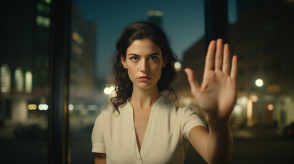Woman holding her hand up in a Stop sign gesture like stopping someone
