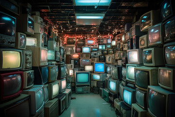 Old television shop packed out with retro analog tv set