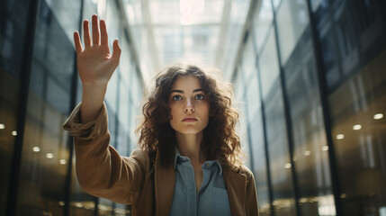 Woman holding her hand up in a Stop sign gesture like stopping someone