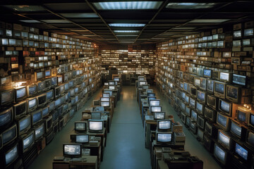 A shop warehouse with a large amount of old retro analog televisions stacked up high - obrazy, fototapety, plakaty