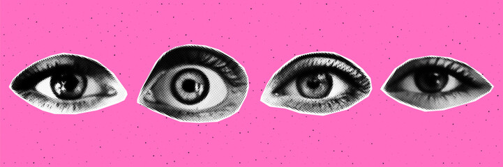 Trendy halftone collage eyes set. Contemporary grunge style. Retro vector illustration.