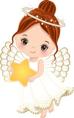 Vector Cute Girl Angel Holding Star