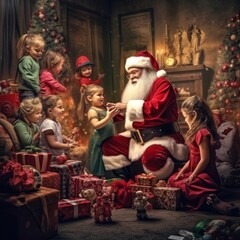 Obraz na płótnie Canvas Portrait of Santa Claus with happy children around him at Christmas time. christmas greeting card. Christmas concept. christmas postcard.