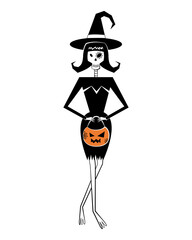 Skeleton witch character in witch hat and black dress with pumpkin basket in hands. Halloween party skeleton character in retro style of 60's-70's.