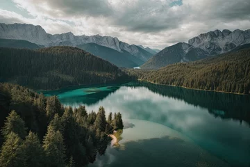Poster Aerial photo of lake Eibsee with forest in Germany, lake and mountains, lake in the mountains, lake louise banff national park country, lake louise banff national park, lake in the morning © The Artist