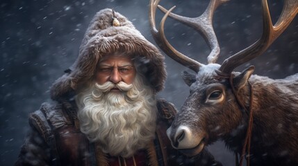 Santa Claus and reindeer in the winter forest. Christmas. Christmas Greeting Card. Christmas Concept.  Santa Claus.